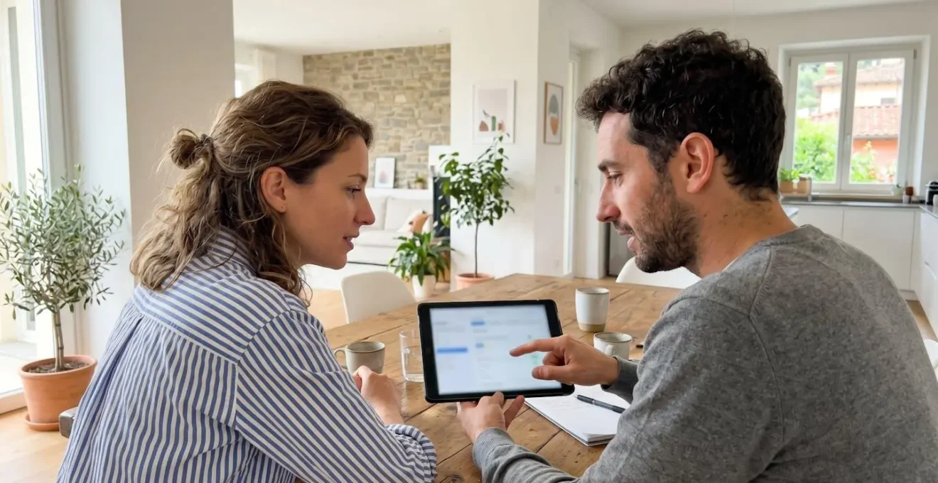 Una coppia di circa cinquant'anni seduta al tavolo di casa guarda insieme i dati di valutazione immobiliare su un tablet, inquadrati di profilo in un ambiente domestico luminoso con finestra