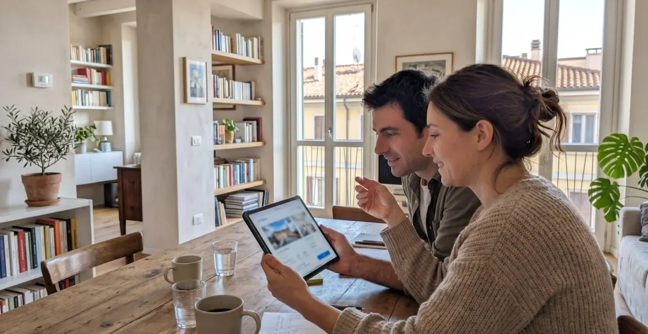 Una coppia di circa cinquant'anni seduta al tavolo di casa guarda insieme i dati di valutazione immobiliare su un tablet, inquadrati di profilo in un ambiente domestico luminoso con finestra