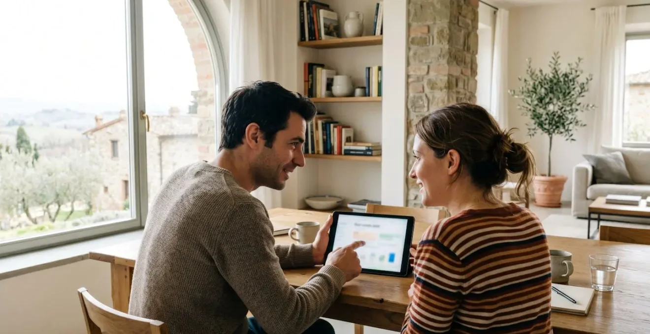 Una coppia di circa cinquant'anni seduta al tavolo di casa guarda insieme i dati di valutazione immobiliare su un tablet, inquadrati di profilo in un ambiente domestico luminoso con finestra