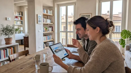 Una coppia di circa cinquant'anni seduta al tavolo di casa guarda insieme i dati di valutazione immobiliare su un tablet, inquadrati di profilo in un ambiente domestico luminoso con finestra