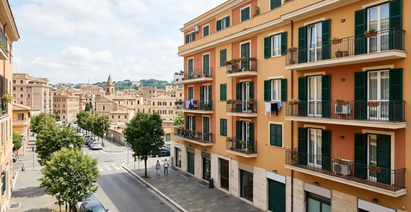 Veduta urbana di un moderno palazzo residenziale italiano con balconi tipici, strada pulita di quartiere semicentrale con alberi, architettura europea contemporanea, luce naturale diurna