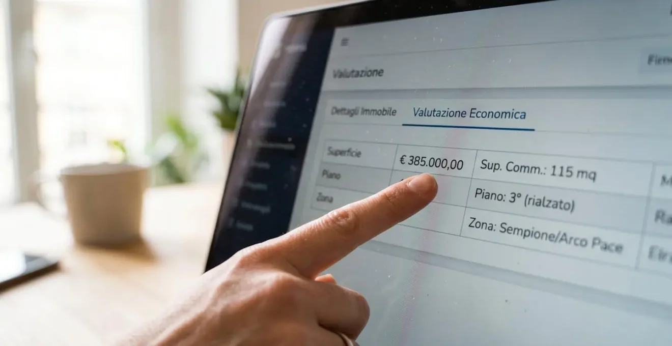 Estremo primo piano di uno schermo di laptop che mostra l'interfaccia di una piattaforma di valutazione immobiliare con campi in italiano, mano che indica un valore, superficie di scrivania moderna