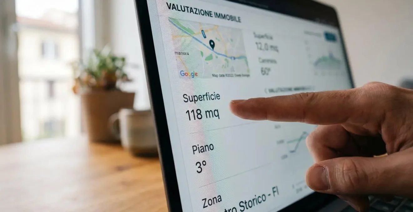 Estremo primo piano di uno schermo di laptop che mostra l'interfaccia di una piattaforma di valutazione immobiliare con campi in italiano, mano che indica un valore, superficie di scrivania moderna